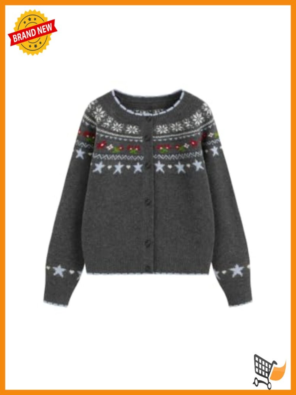 Floral Fair Isle Button Down Crewneck Cardigan Cozy Sweater